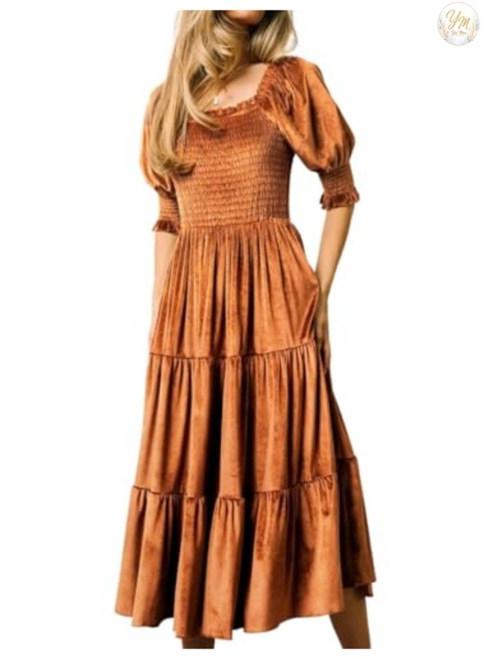 Velvet Square Neck Smocked Midi Dress Puff Sleeve Formal